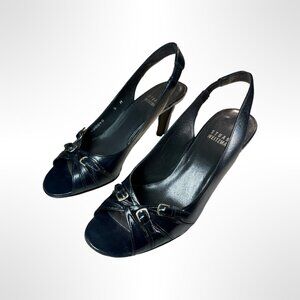 Stuart Weitzman Black Leather Open Toe Slings, Size 5, good condition